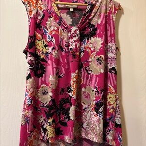 Dana Buchman Fuchsia Floral Sleeveless Tie-Neck Top